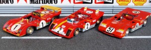 Ferrari 312 PB, von links: 1973 Nürburgring (Modell FDS), 1972 Daytona (Brumm), 1971 Brands Hatch (Solido)