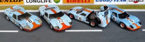 Viermal Ford GT40, von links: Le Mans 1969 (John Day), Sebring 1969 (Grand Prix Models), Le Mans 1969 (Jouef), Le Mans 1969 (IXO)