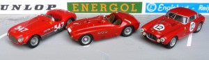 Ferrari - erster Sportwagen-Weltmeister 1953, von links: Ferari 340 MM, Sieger Mille Miglia (BBR), Ferrari 375 MM Sieger Nürburgring (John Day), Ferrari 340 MM Le Mans (Top Model Collection)