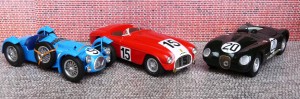 Favoriten für den Le Mans-Sieg 1951: Talbot-Lago T26 GS (Modell: Bizarre), Ferrari 340 America (Tron), Jaguar XK120C (Quartzo)