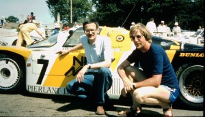 HP und HH, Gründungsmitglieder von Minerva Racing, im Parc Ferme mit dem Siegerwagen von Le Mans 1984