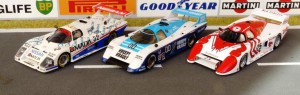 von rechts: March 83G Red Lobster (Riverside 1984, Modell Spark), 83G Kreepy Krauly Daytona 1984 (Modell: Starter), Nissan R85V Le Mans 1986 (Modell: Provence Moulage) 